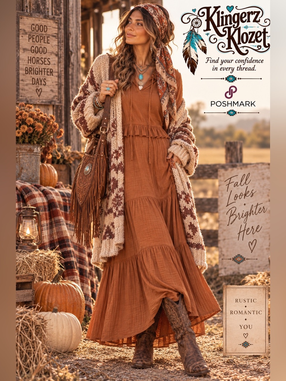 PRETTYGARDEN Rust Boho Western Tiered Maxi